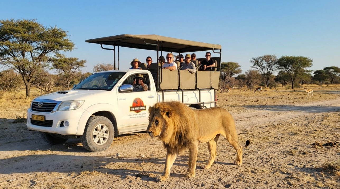 Safari guests spotting a lion from a game drive vehicle in Etosha National Park